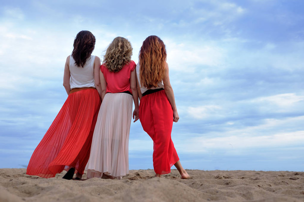 Νεαρές γυναίκες σε ένα μακρύ φόρεμα που στέκεται στην παραλία το καλοκαίρι βράδυ. - Φωτογραφία, εικόνα