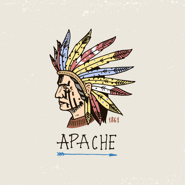 set of engraved vintage, hand drawn, old, labels or badges for indian or native american. face with feathers, comanche. - Vector, Image