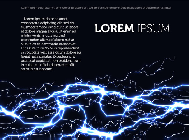 Template of the advertising leaflet on a black background with fantastic blue lightning, text and laser beams. Vector web banner with advertising information. - Vector, Image