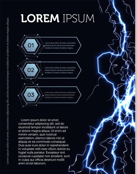 Template of the advertising leaflet on a black background with fantastic blue lightning, infographics, text and laser beams. Vector web banner with advertising information. - Vector, Image