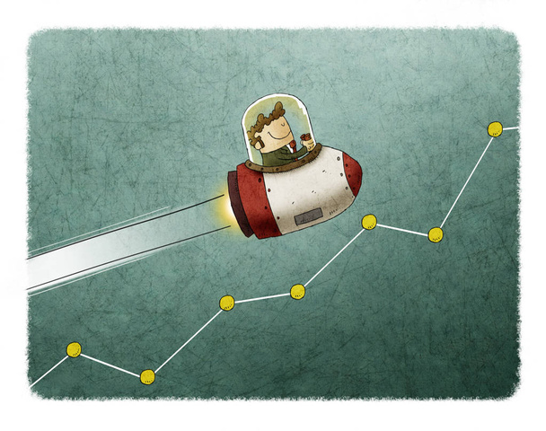 Businessman inside a rocket and flying over a market graph - Photo, Image