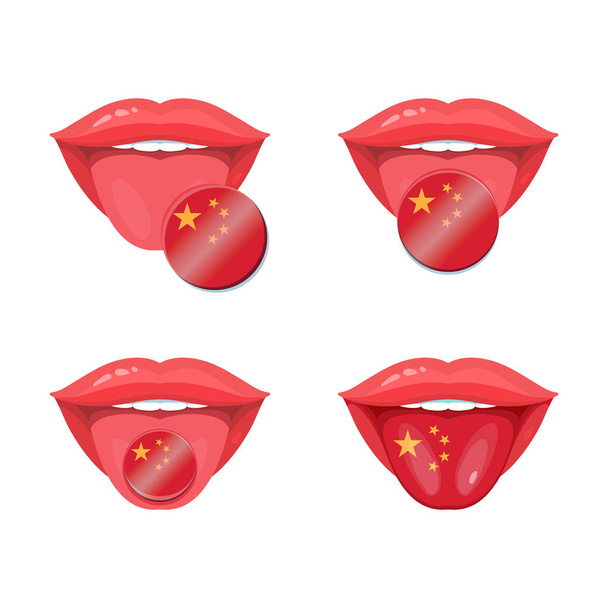 Set of of vector tongues with chinese flags. Vector flag badges.  - Vector, Image