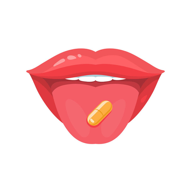 Vektorillustration des Medikaments, Tablette, Pille auf der Zunge. pharmazeutische, medizinische, Gesundheitsvektorsymbole. medizinisches Konzept Vektor Illustration. - Vektor, Bild