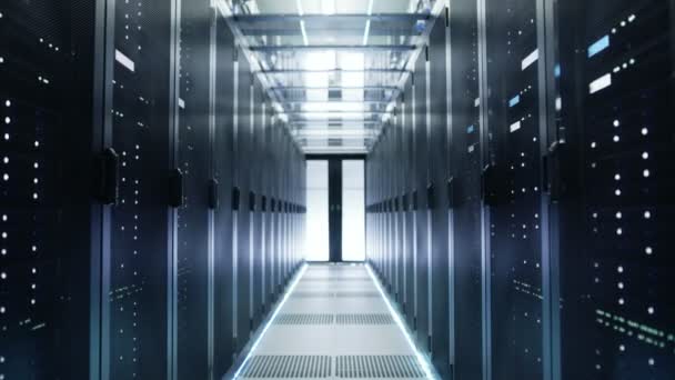 Camera Moves Through Big Working Data Center with Server Racks. - Footage, Video