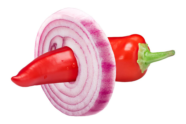 Papirka chile pepper stuck into onion slice, paths - Photo, Image