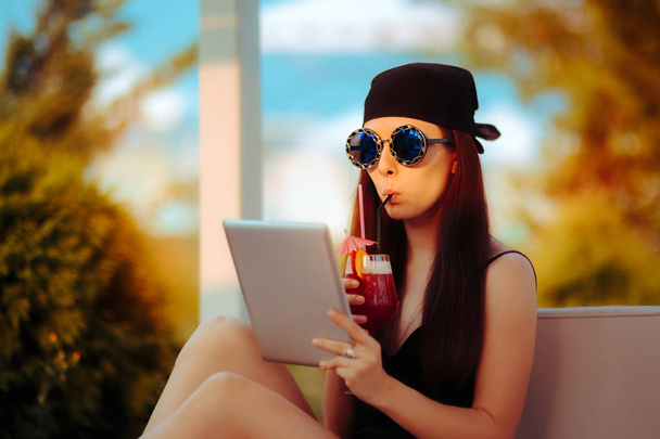 Summer woman Wearing Bandana and Sunglasses with PC Tablet - Фото, изображение