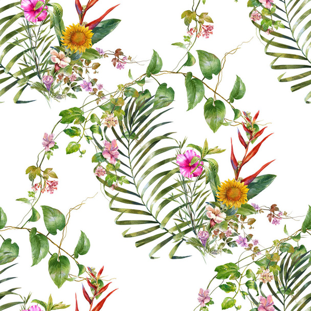 Pittura ad acquerello di foglie e fiori, modello senza cuciture su sfondo bianco - Foto, immagini