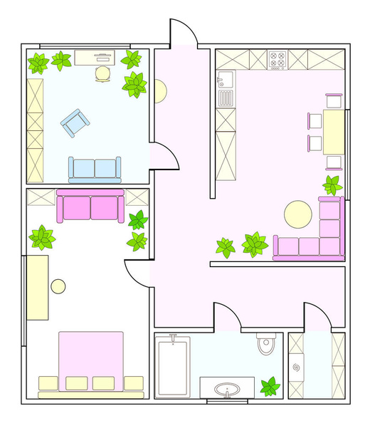 2ベッドルームアパートメントの概要ベクトルプラン - ベクター画像