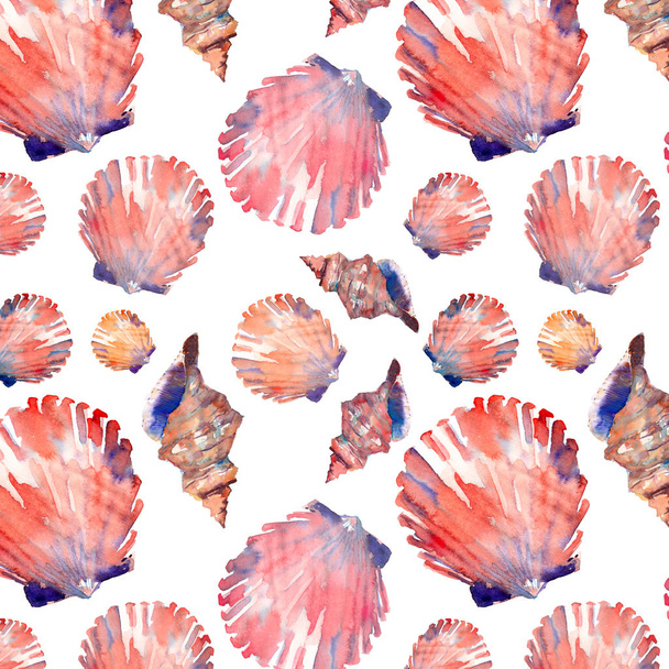 Bright cute graphic lovely beautiful wonderful summer fresh marine beach colorful seashells and starfishes pattern watercolor hand illustration - Foto, Imagem