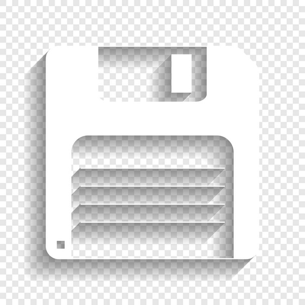 Diskettenzeichen. Vektor. weißes Symbol mit weichem Schatten auf transparentem Hintergrund. - Vektor, Bild