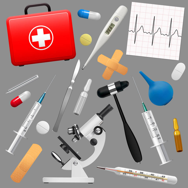 Orvosi műszerek és készítmények halmaza. Elsősegély-készlet és annak tartalmát. Orvostudomány és egészségügy. Vektor - Vektor, kép