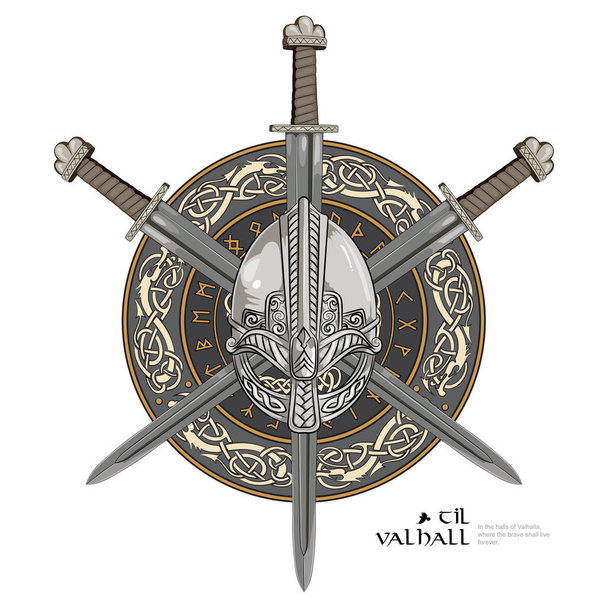 Шлем викингов, скрещенный меч викингов и венок скандинавского образца и щит викингов
 - Вектор,изображение