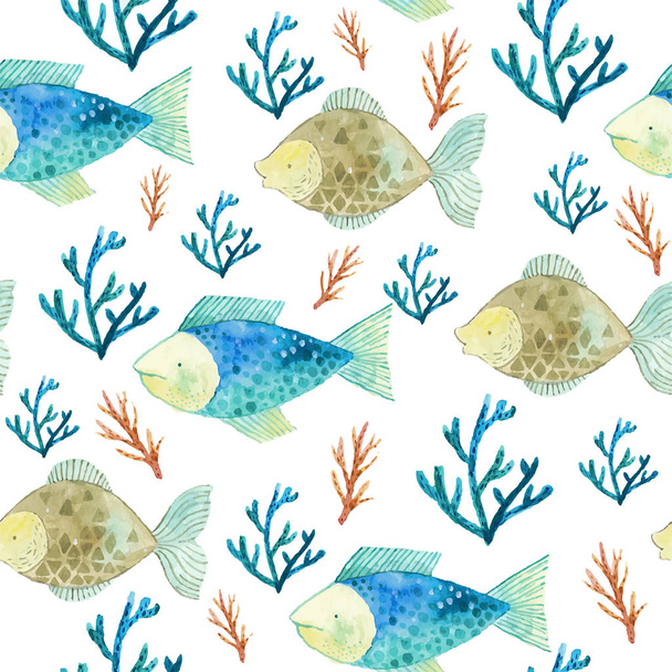 Watercolor seamless pattern with fishes and seaweeds - Vector, Image