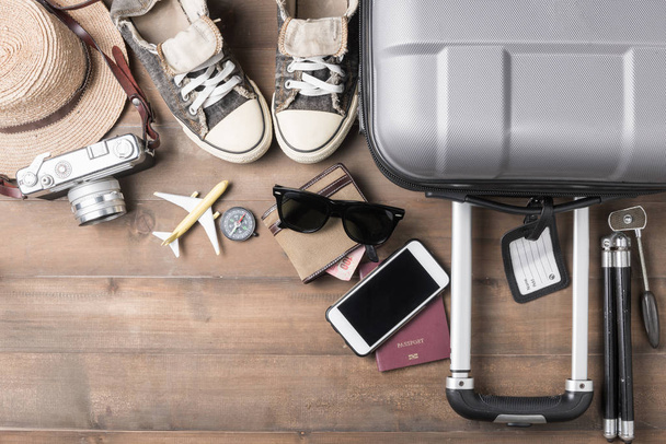 Travel accessories costumes. Passports, luggage, camera, sunglas - Photo, Image