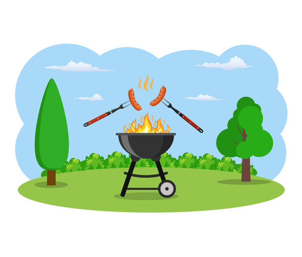 barbecue grill and kitchen utensils - Vector, Image