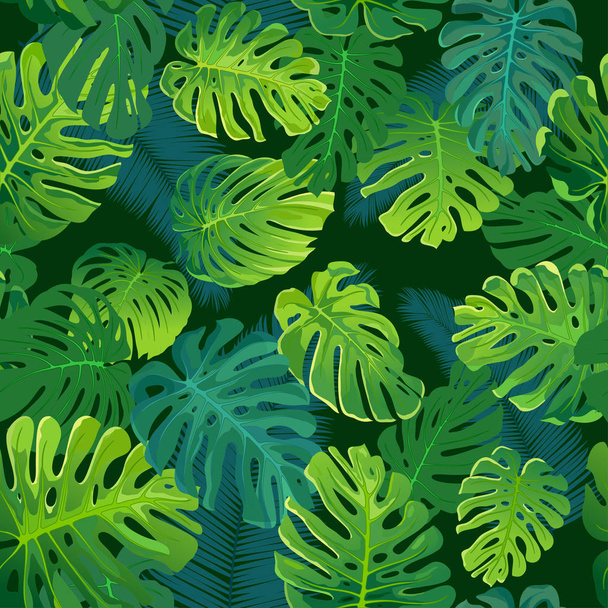 Tropické palmy a monstera listy, džungli listí bezešvá vektorová květinový vzor pozadí. - Vektor, obrázek