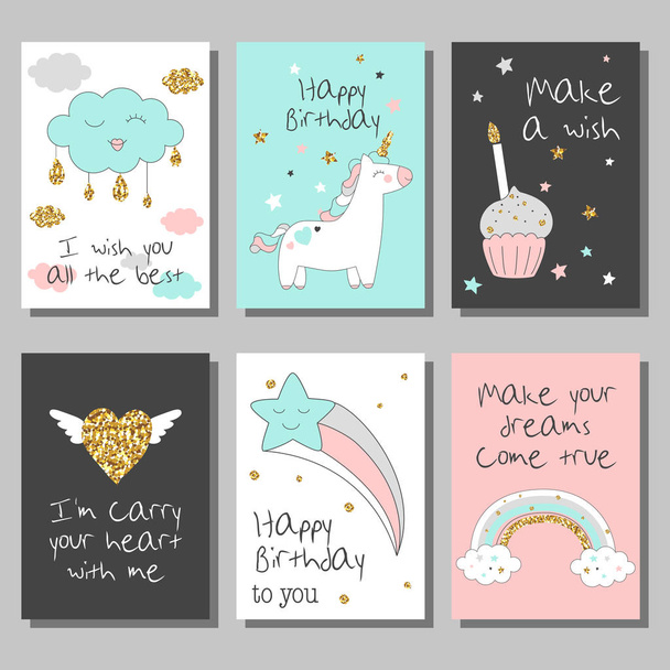 Magic design cards set with unicorn, rainbow, hearts, clouds and others elements. With golden glitter texture. Vector illustration - Vector, Image