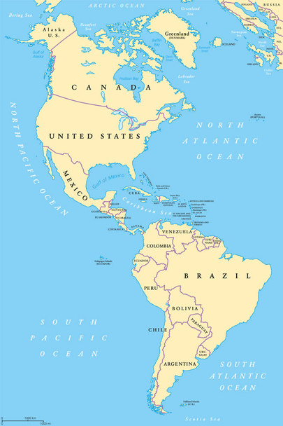 Amerika, Nord- und Südamerika, politische Landkarte - Vektor, Bild