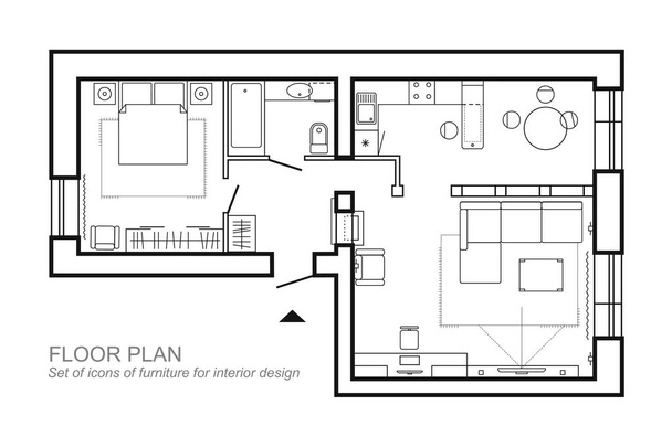 Architectonische plan van een huis. Lay-out van het bovenaanzicht van appartement met de meubels in de tekening weergeven. Met badkamer woonkamer en slaapkamer. Het interieur-project. Vector. - Vector, afbeelding