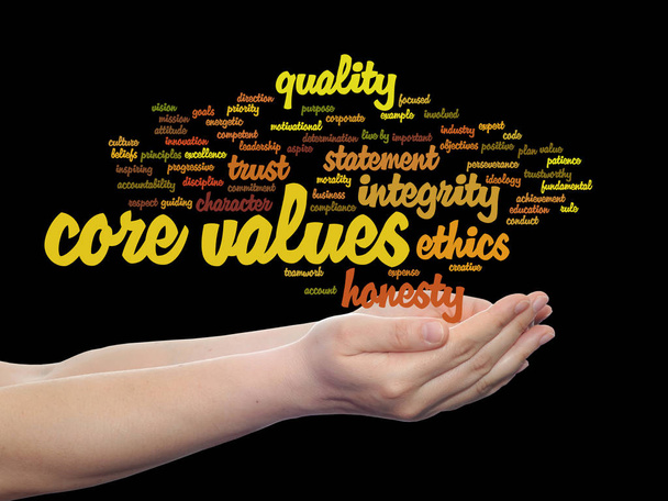 valores centrais nuvem de palavras nas mãos
 - Foto, Imagem