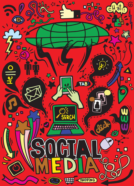 Objekte und Symbole im Social-Media-Element. Vektorillustrationen - Vektor, Bild