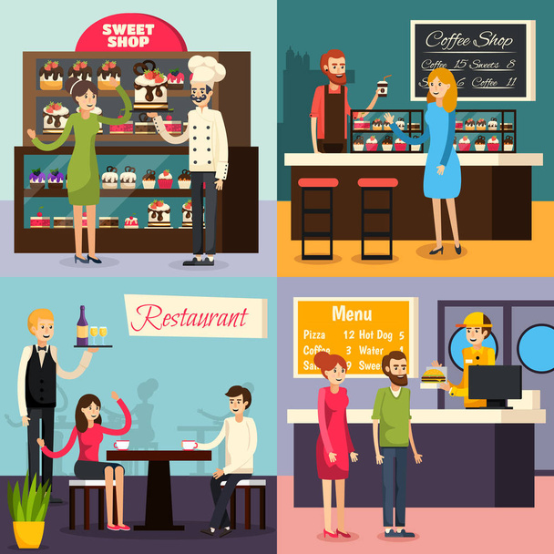Cafe Worker Flat Icon Set - Vector, Image