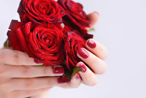 Hands of a woman with dark red manicure with a bouquet of red roses - Photo, Image