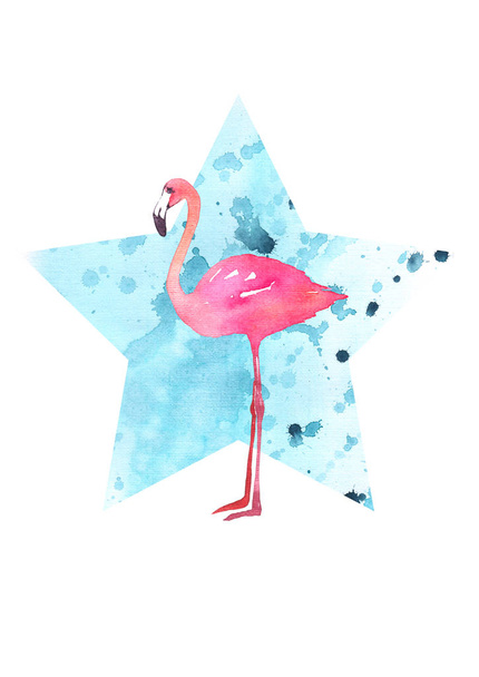 Акварель. Силуэт звезды с синим акварелью и розовым фламинго
 - Фото, изображение
