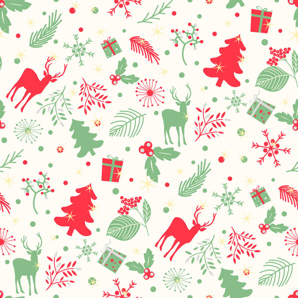 Seamless pattern with tree, leaves and  deer on a white background. - Vektor, kép