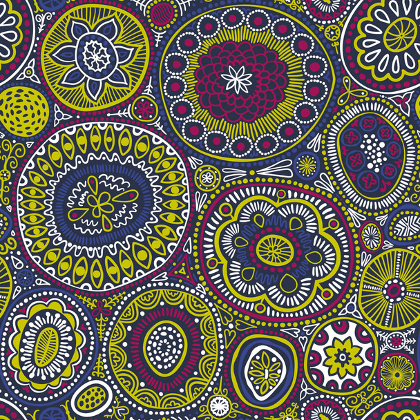 Seamless pattern. Seamless botanic texture, detailed dots and circles illustrations. Ethnic pattern in doodle style, summer floral background. All elements are not cropped and hidden under mask. - ベクター画像
