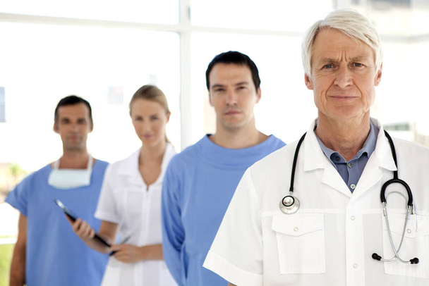 Lékařský tým v nemocnici - lékaři a zdravotní sestry, stojící v řadě - portrét v práci - Fotografie, Obrázek