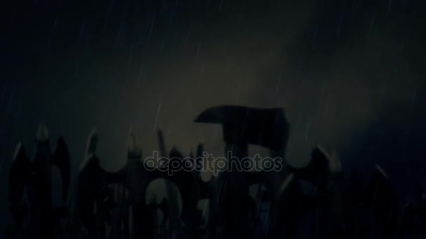 Армия размахивает мечами и топорами перед битвой или за победу под штормом
 - Кадры, видео