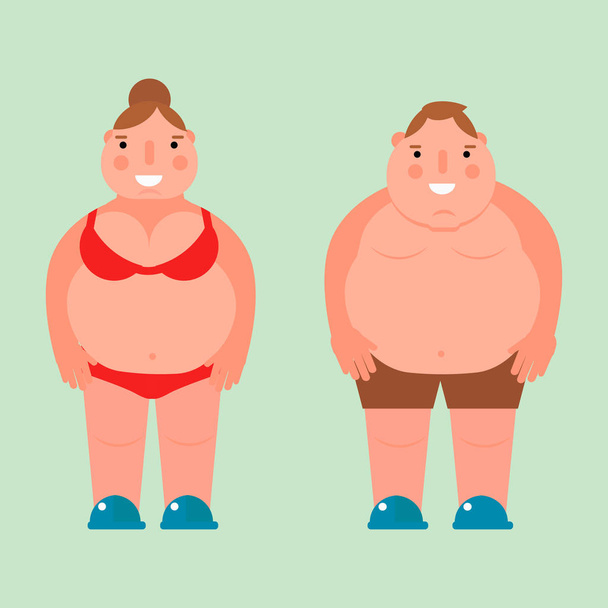Fat woman vector flat illustration overweight body man person unhealthy big belly character. - Vector, Image