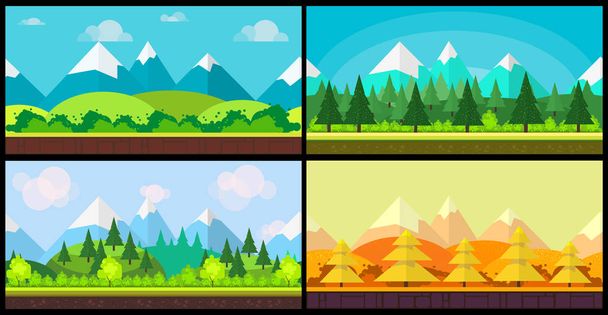 Set of 4 cartoon nature backgrounds and landscapes with different seasons. Beautiful vector illustrations for your design. - Vector, Image
