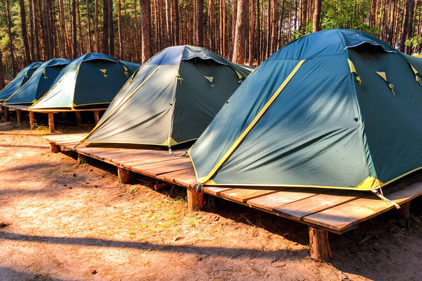 Zelte von Pfadfindern oder Touristen im Wald auf Holzplattformen. - Foto, Bild