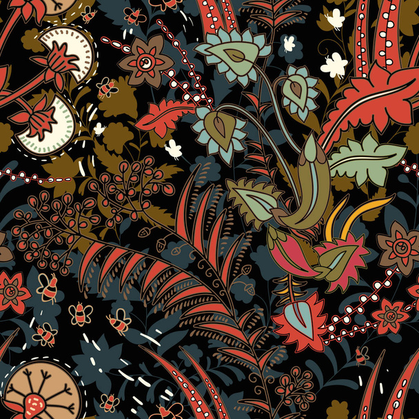 Fantasia floreale senza cuciture, effetto texture. Ornamento colorato indiano. Fiori decorativi vettoriali e Paisley. Stile etnico. Design per tessuti, carte, web, decoupage
 - Vettoriali, immagini