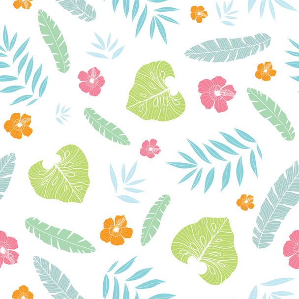 Vetor divertido verão tropical havaiano sem costura padrão com plantas tropicais, folhas e flores de hibisco no fundo branco. Ótimo para tecido temático de férias, papel de parede, embalagem
. - Vetor, Imagem