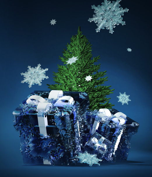 冷凍のクリスマス プレゼントとモミの木 - 写真・画像