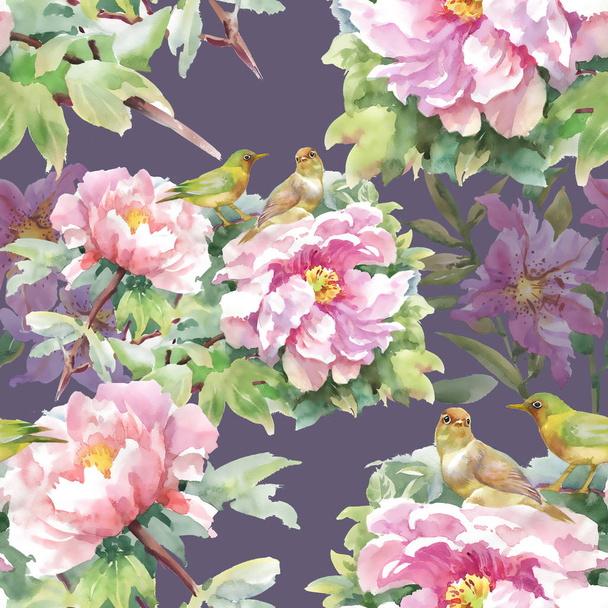 pattern of pink flowers and  birds  - Zdjęcie, obraz