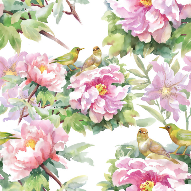 pattern of pink flowers and  birds  - Photo, image