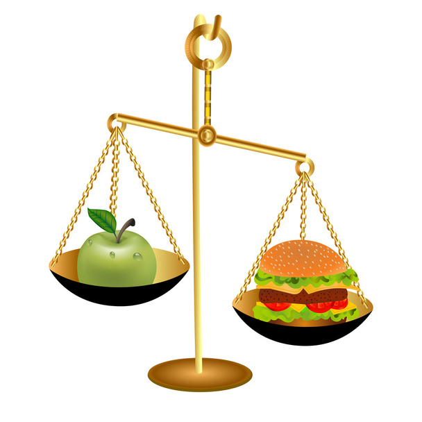 Of the comparison of the weight of an Apple and a hamburger for - Вектор, зображення
