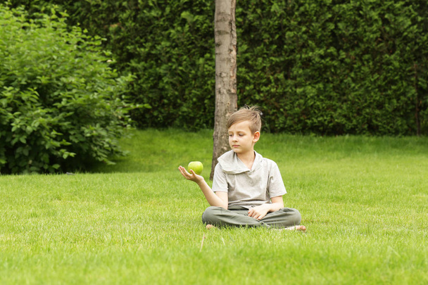 Un niño en un parque bajo un árbol con una manzana - un concepto que tengo una idea
! - Foto, Imagen