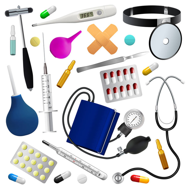 Medische instrumenten en preparaten instellen. Geneeskunde en gezondheid. Geïsoleerde objecten. Witte achtergrond. - Vector, afbeelding
