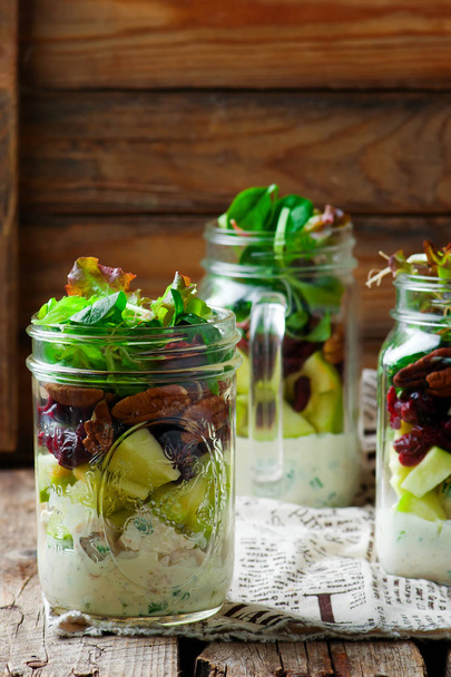chicken, apple and pecan salad in a jar.style rustic. - Photo, Image