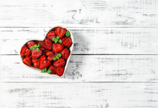 Strawberries heart wooden background Food Fruits Berries - Valokuva, kuva