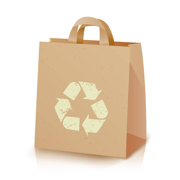 Recyklační tašky vektor. Hnědý papír oběd Kraft sáček s Symbol recyklace. Ekologická řemesla balíček. Izolované ilustrace - Vektor, obrázek