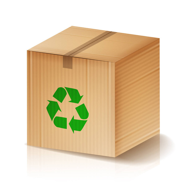 Ανακυκλώστε κουτί διάνυσμα. Καφέ χαρτόνι κουτί με το σύμβολο ανακύκλωσης. Απομονωμένη εικονογράφηση - Διάνυσμα, εικόνα