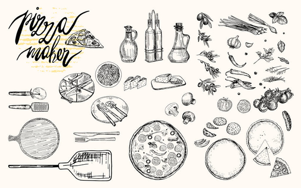 Vector illustration. Pizza and ingredients. - Vector, Image