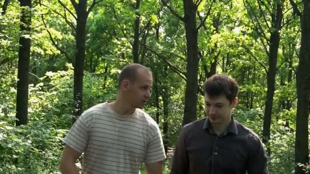 Два молодых человека идут через лес и разговаривают - Кадры, видео