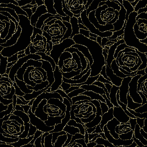 Seamless pattern with vector gold glitter roses. Vector illustration of a silhouette of a flower, consisting of sequins or glitter. Gold decoration background, glamour shiny texture with gold sparkles - Vector, Image